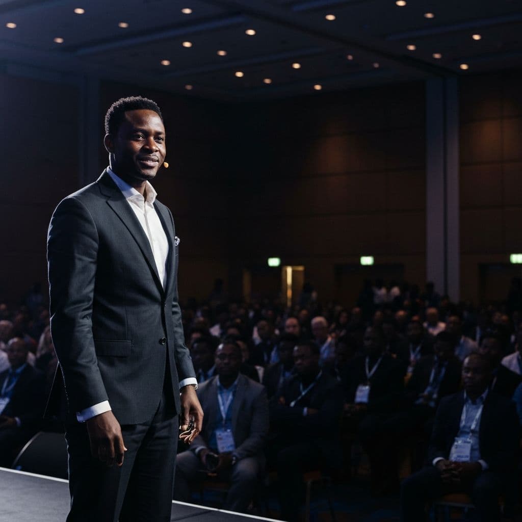 Homme confiant parlant devant une audience